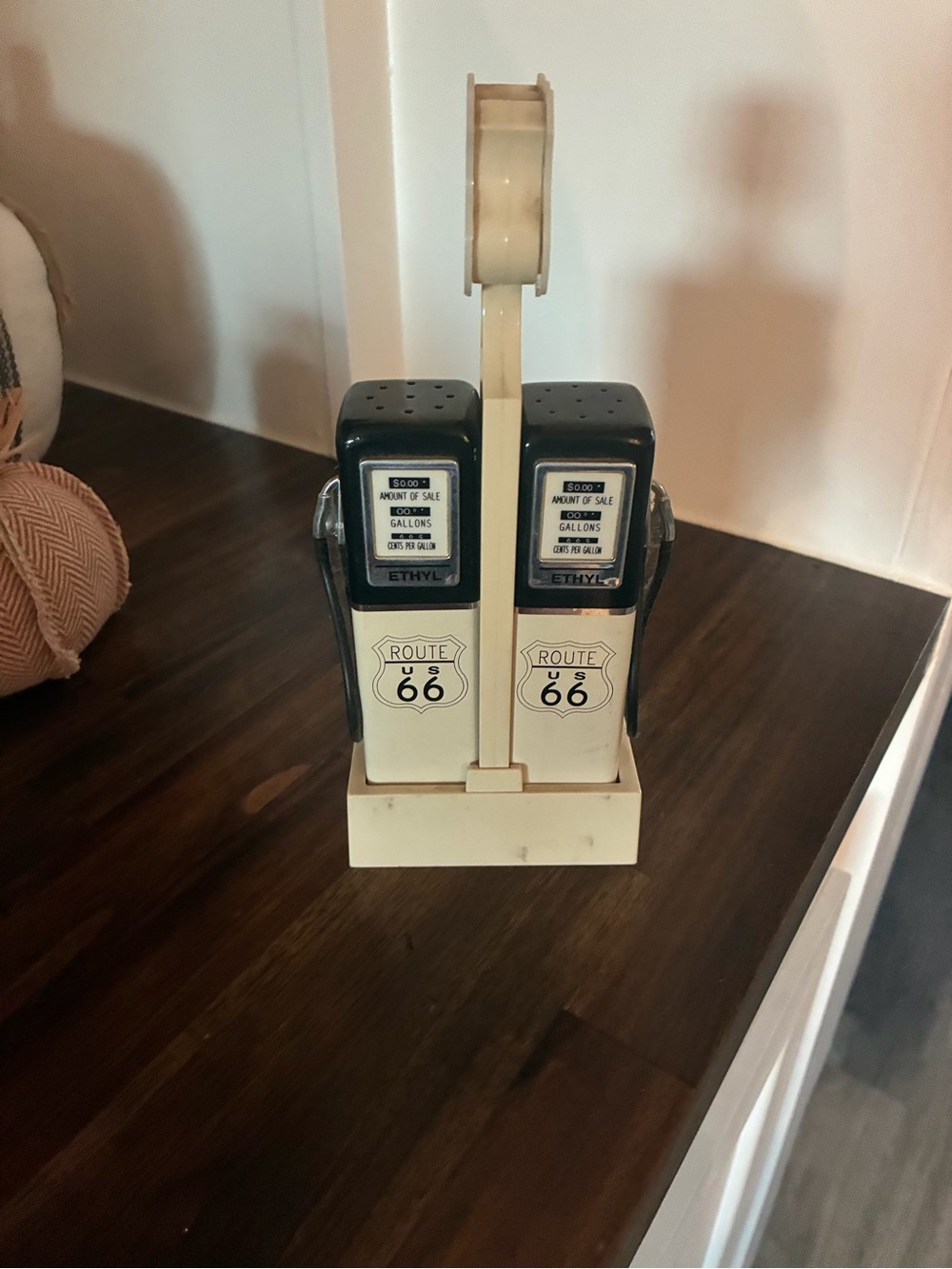 Vintage Route 66 Cream & Black Retro Gas Pump Salt and Pepper Shakers with Stand